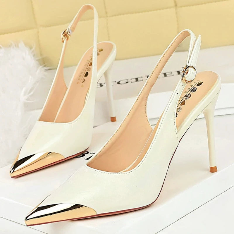 New Women 9.5 cm Heels Metal pointed tip Women Pumps Hollow out hook strap High heeled Sandals Women Summer Shoes Plus Size 43