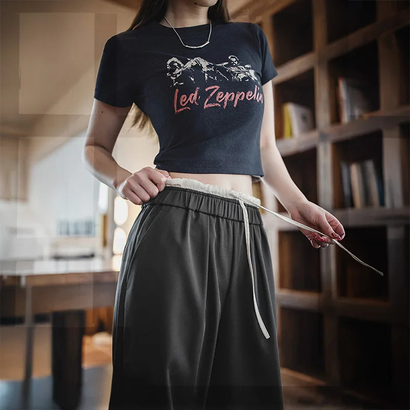 Maden Women's Wide Leg Patchwork Pants Black Elastic Waist with Drawstring Trousers Breathable Office Dress Pants for Summer