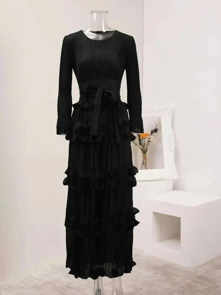 LANMREM Pleated Appliques Long Dresses For Women Round Collar Lace-up Full Sleeve Evening Party New 2025 Lady Dress 32S1173