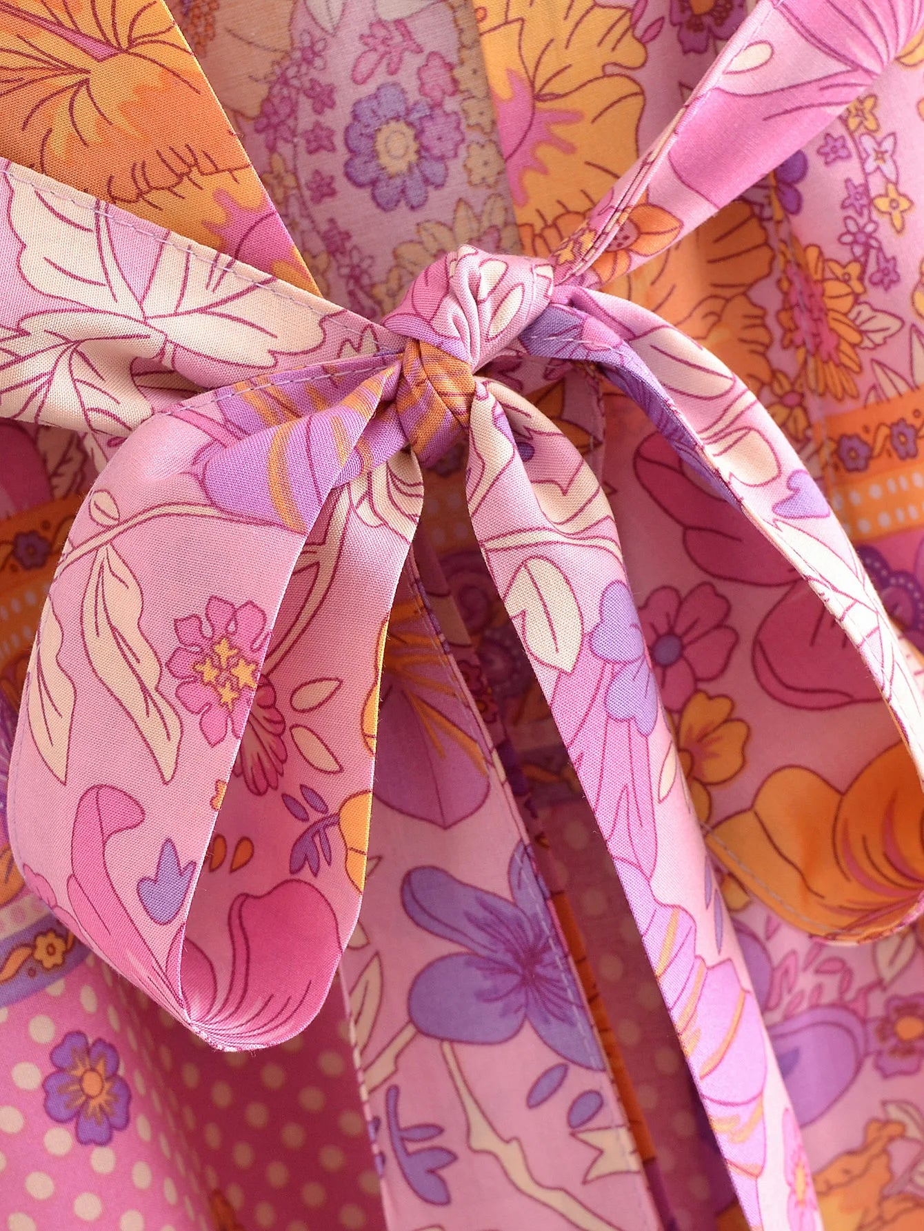 BOHO Women Blue With Pink Flower Print Kimono Shirt Holiday Tide Bow Sashes Mid Long Cardigan Summer Blouse Beach Cape