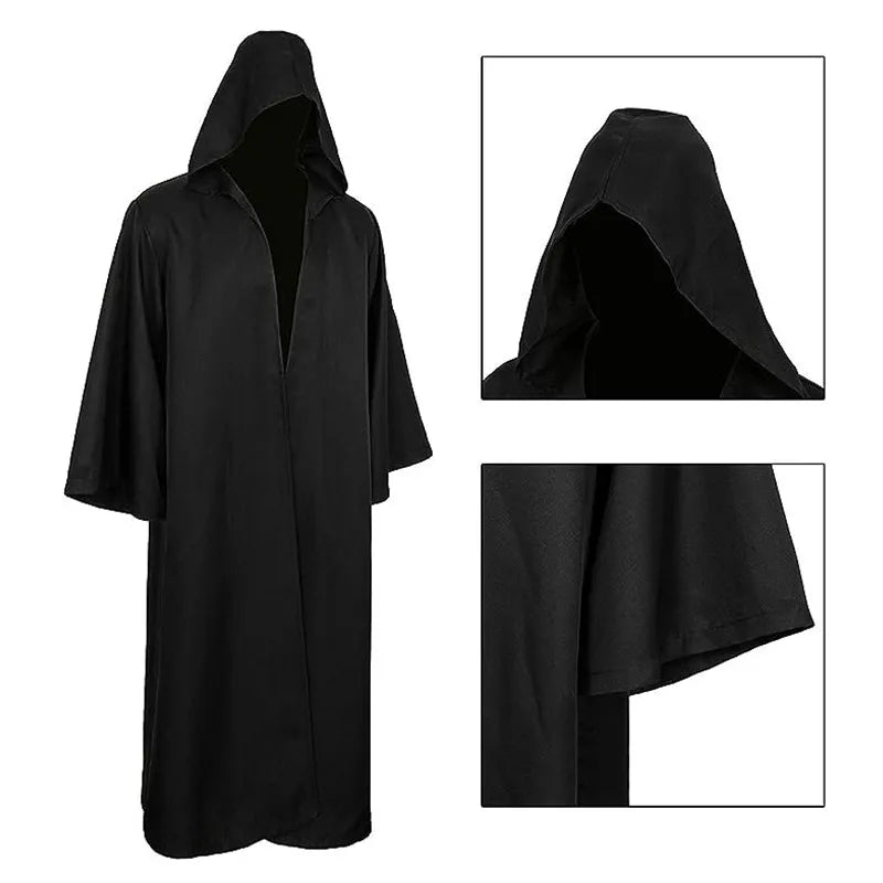 Halloween Cloak Cosplay Costume Sorcerer Long Shirt Hooded Black Robe Adult and Ghost of Horror Cloak Child Holiday Costume Set