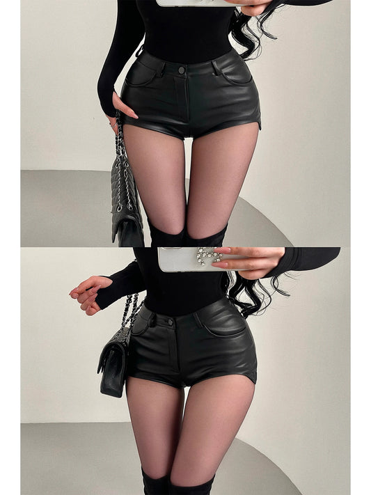 Sexy High Waist PU Leather Shorts Women's Tight Fit Hot Pants Long Legs Enhancing Hip Shape Arc Design Daily Wear Shorts