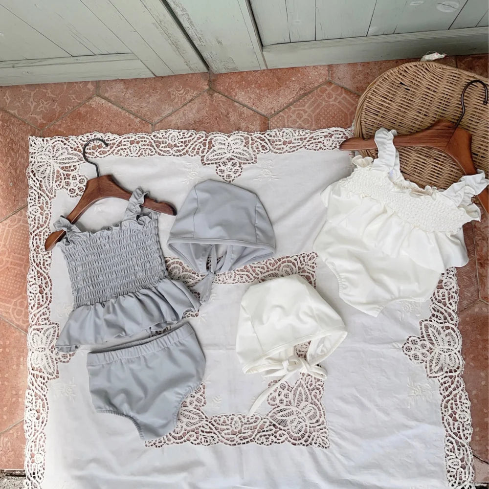2024 Summer Newborn Infant Suit Kids Swimsuits Baby Girls Solid Color Suspenders Pleated Swim Dress+Shorts+Hat Todder 3Pcs Set