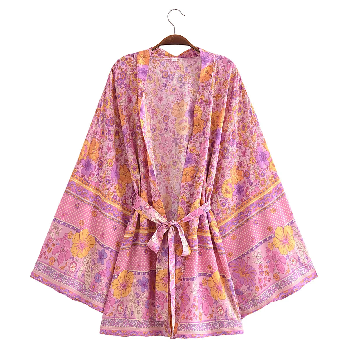 BOHO Women Blue With Pink Flower Print Kimono Shirt Holiday Tide Bow Sashes Mid Long Cardigan Summer Blouse Beach Cape
