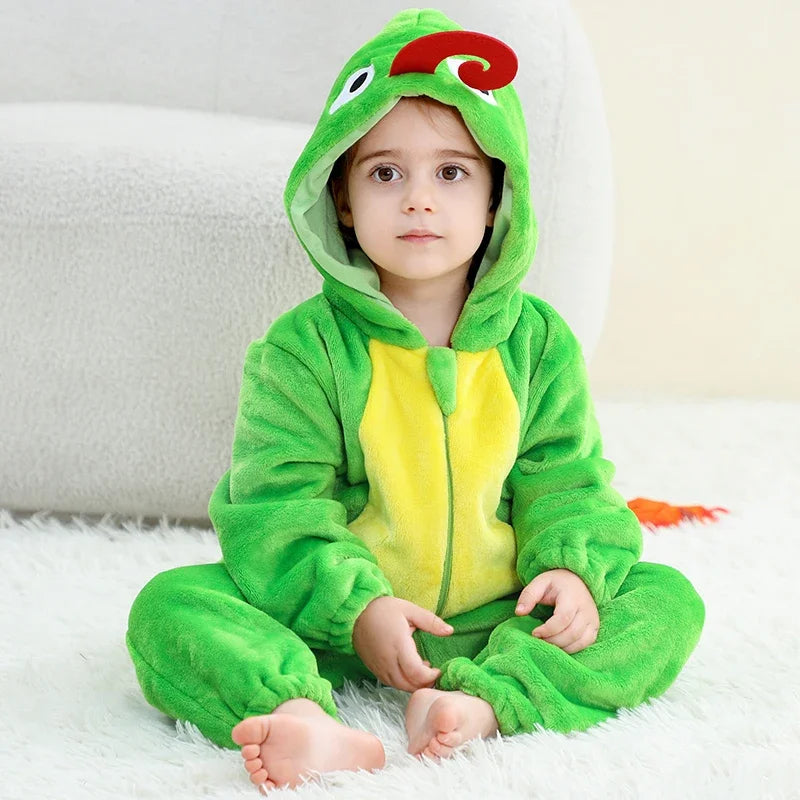 Halloween Costume Chameleon Baby Bodysuit Winter Hooded Plush Thicken Zipper Onesie Playful Cartoon Animal Rompers Holiday Dress