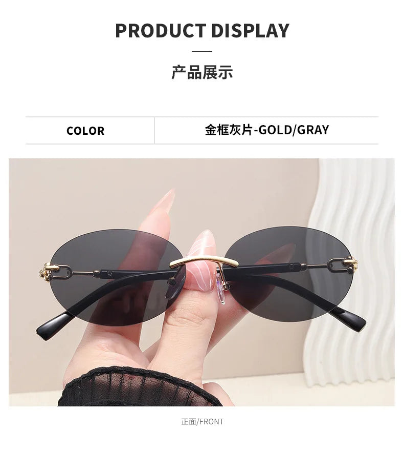 Rimless Small Round Cat Eye Sunglasses for Women Fashion Circle Frame Alloy Sun Glasses Ladies Elegant Casual Travel Glasses