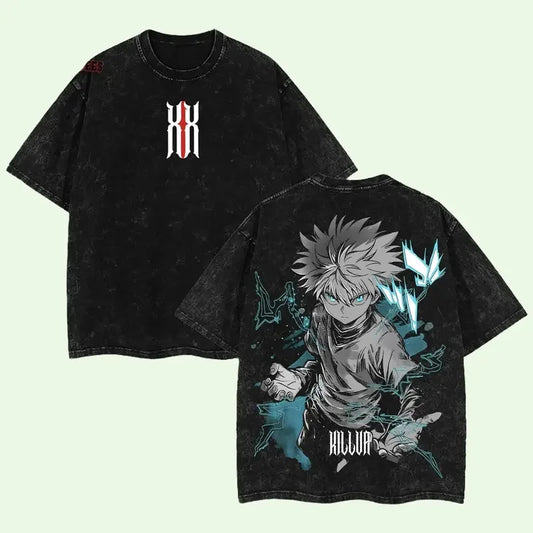 Anime Hunter x Hunter Killua Printed Tee Men Short Sleeve Cotton Tshirts Vintage Washed T-shirt Harajuku Male Oversized T Shirt
