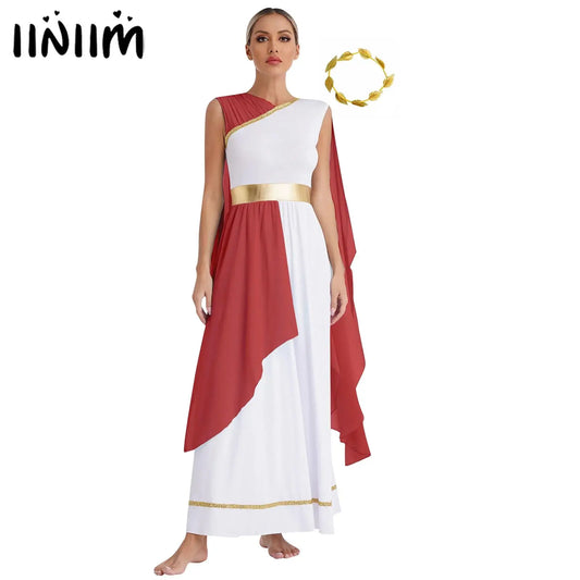 Womens Halloween Greek Beauty Carnival Cosplay Party Costumes Gold Leaves Garland Headwear And Cap Sleeve Ancient Toga Dress