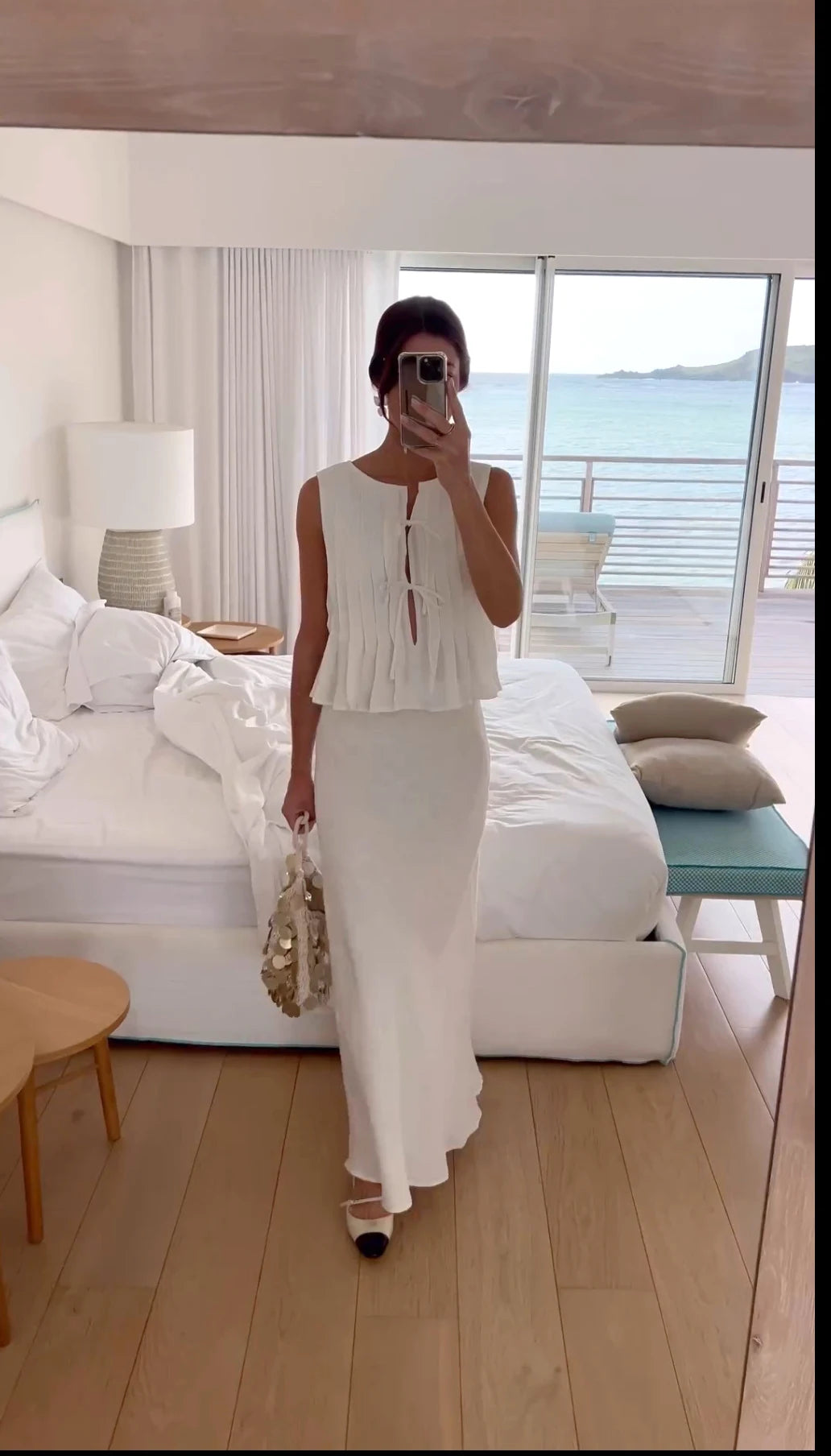 Sexy White Sleeveless Tie Shirt Top Long Skirt Two Piece 2026 Women Fashion Set Summer Holiday Beachwear Swimwear Cover Up A2860