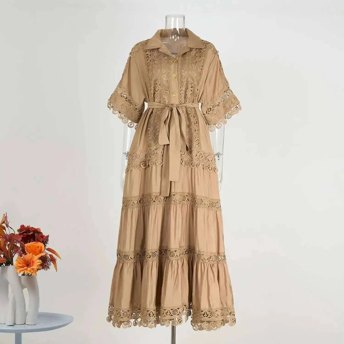 Luxury Long Maxi Dresses Shirt Women 2025 Summer Holiday Lace Embroidery Cotton Loose Big Size Hollow Out Wedding Dress White