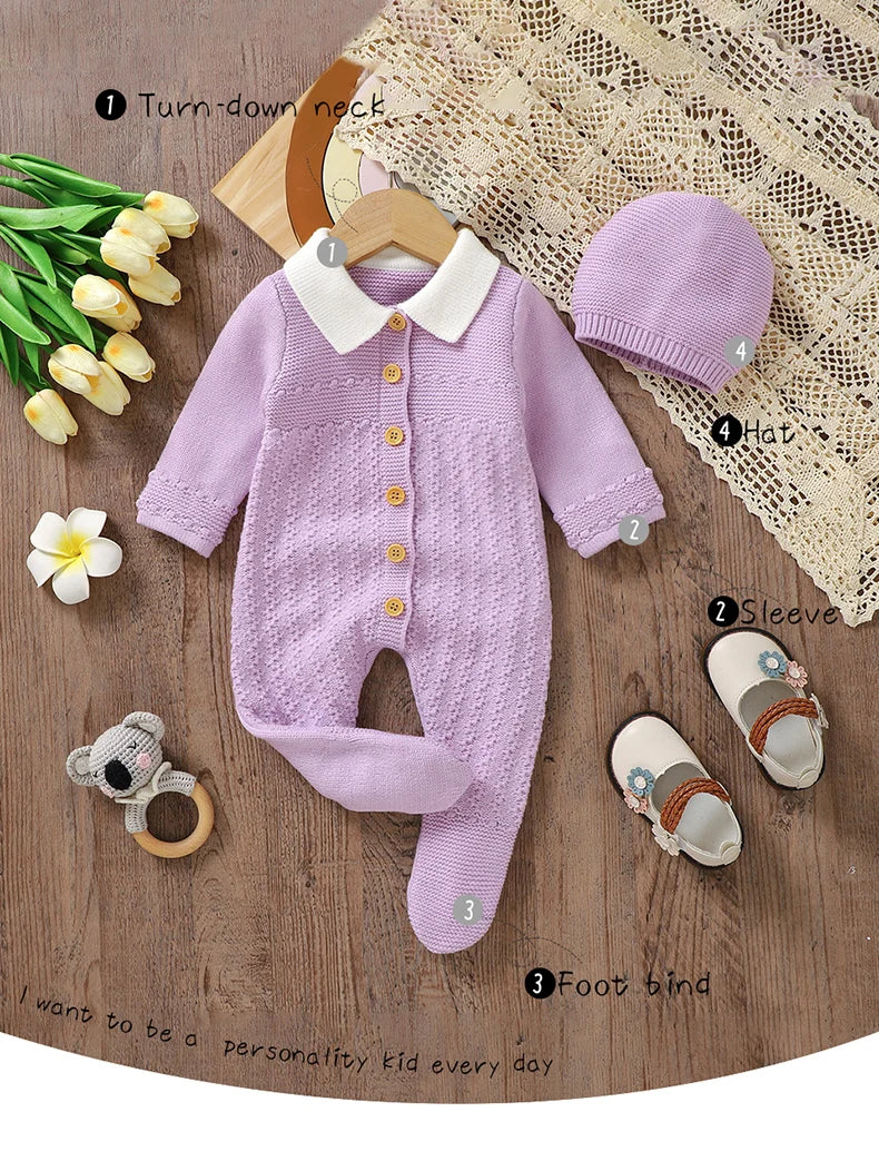 Baby Rompers Set Knit Infant Children Clothes Hat 0-9M Fashion Solid Newborn Girls Jumpsuit Long Sleeve Overalls Pantyhose 2pcs
