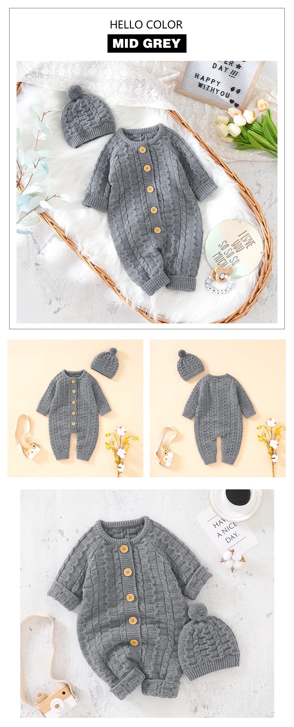 Winter Baby Rompers Clothes Solid Long Sleeve Knitted Newborn Boys Girls Jumpsuits Hats Outfits Sets 0-18m Autumn Infant Costume