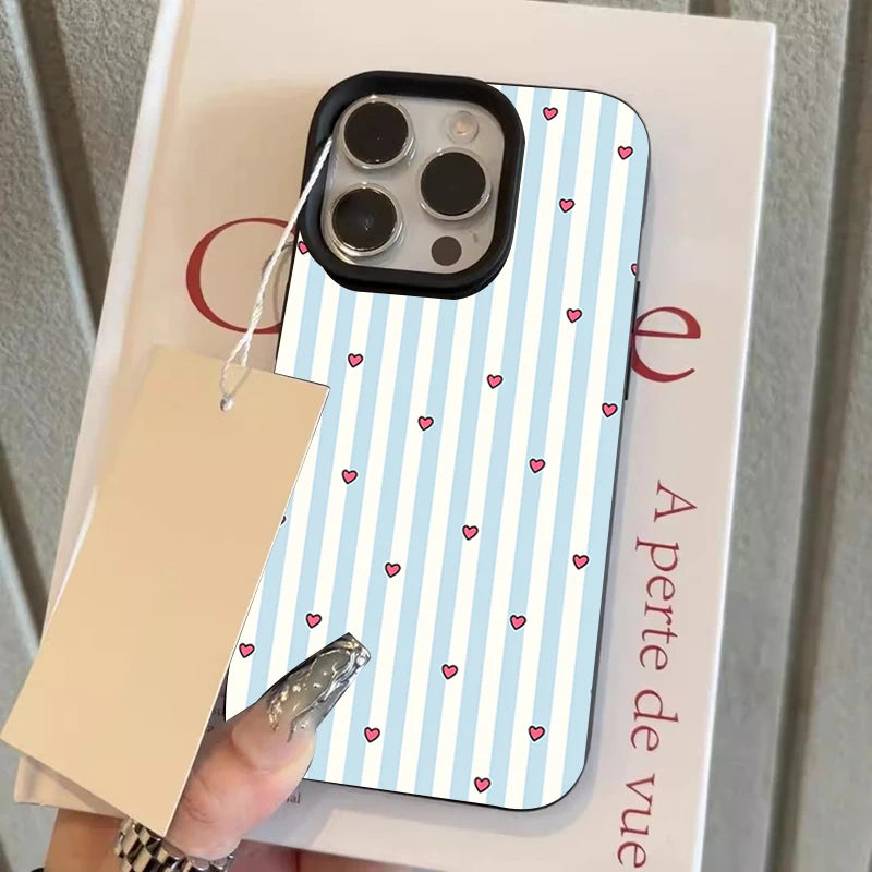 Striped Love Heart Pattern Lychee Texture Silicone Phone Case For iPhone 17 16 15 14 13 12 11 Pro Max 15 Plus 17 Air Soft Cover
