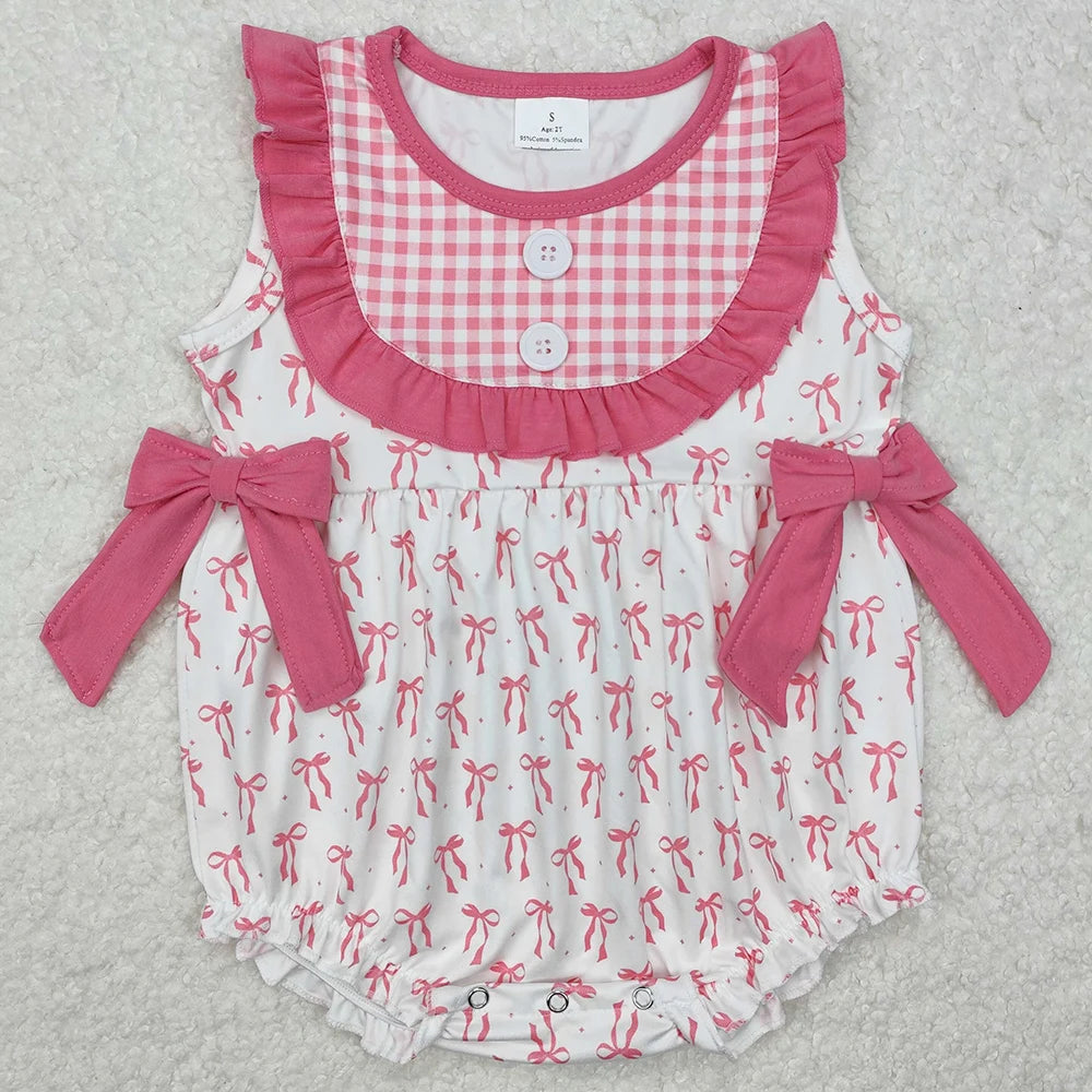 New Fashion Baby Girls Rompers Pink Checkered Flowers Short Sleeve Rompers Boutique Toddler Girls Bubbles Summer Baby Onesie Hot
