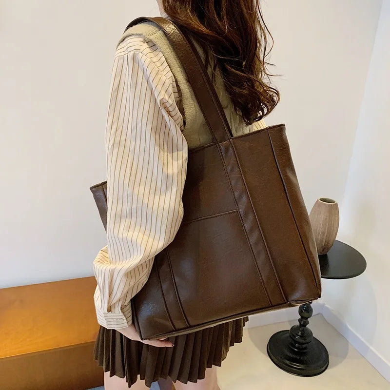 Simple Large Capacity Tote Bags for Women Retro Pu Leather Ladies Shoulder Bag Commuter Portable Girls Student Underarm Handbag