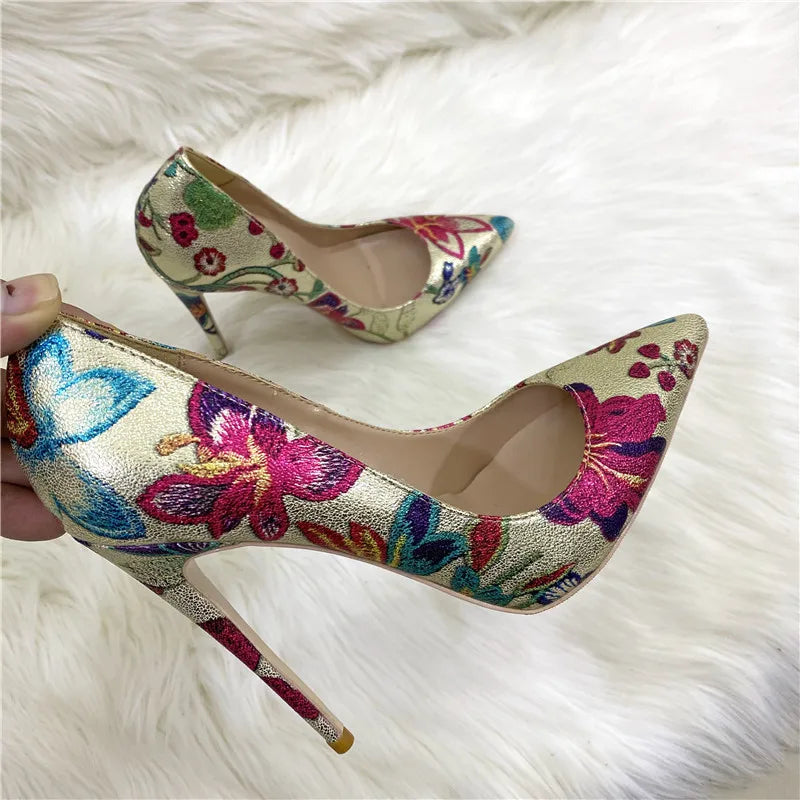 Fashion Print Women's Pumps 8CM 10CM 12CM Sexy Pointy Toe Luxury Female Shoes 2025 Spring Summer All-Match Woman Gold High Heels
