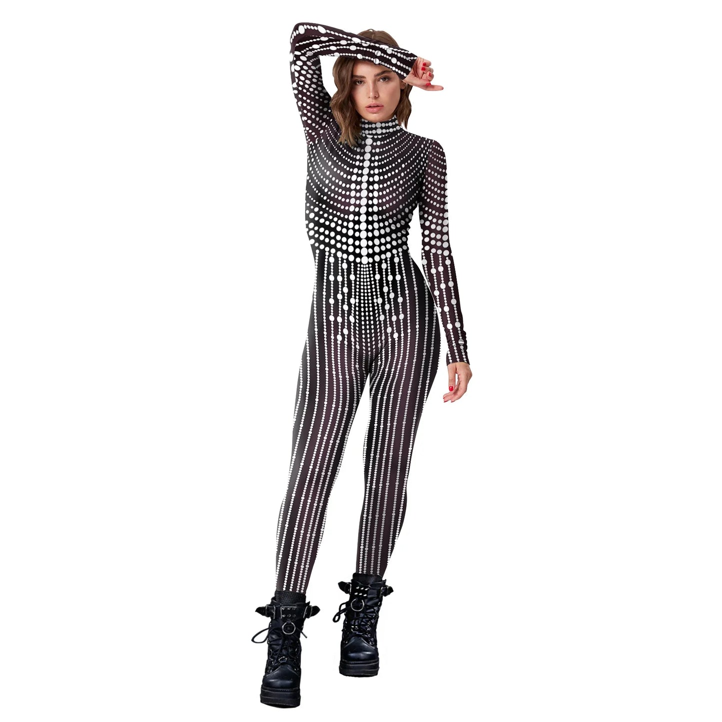 Halloween Cosplay Costume Shiny Sexy Lace Sequins Pattern 3D Printed Slim Bodysuit Theme Party Role Playing Jumpsuit for Women
