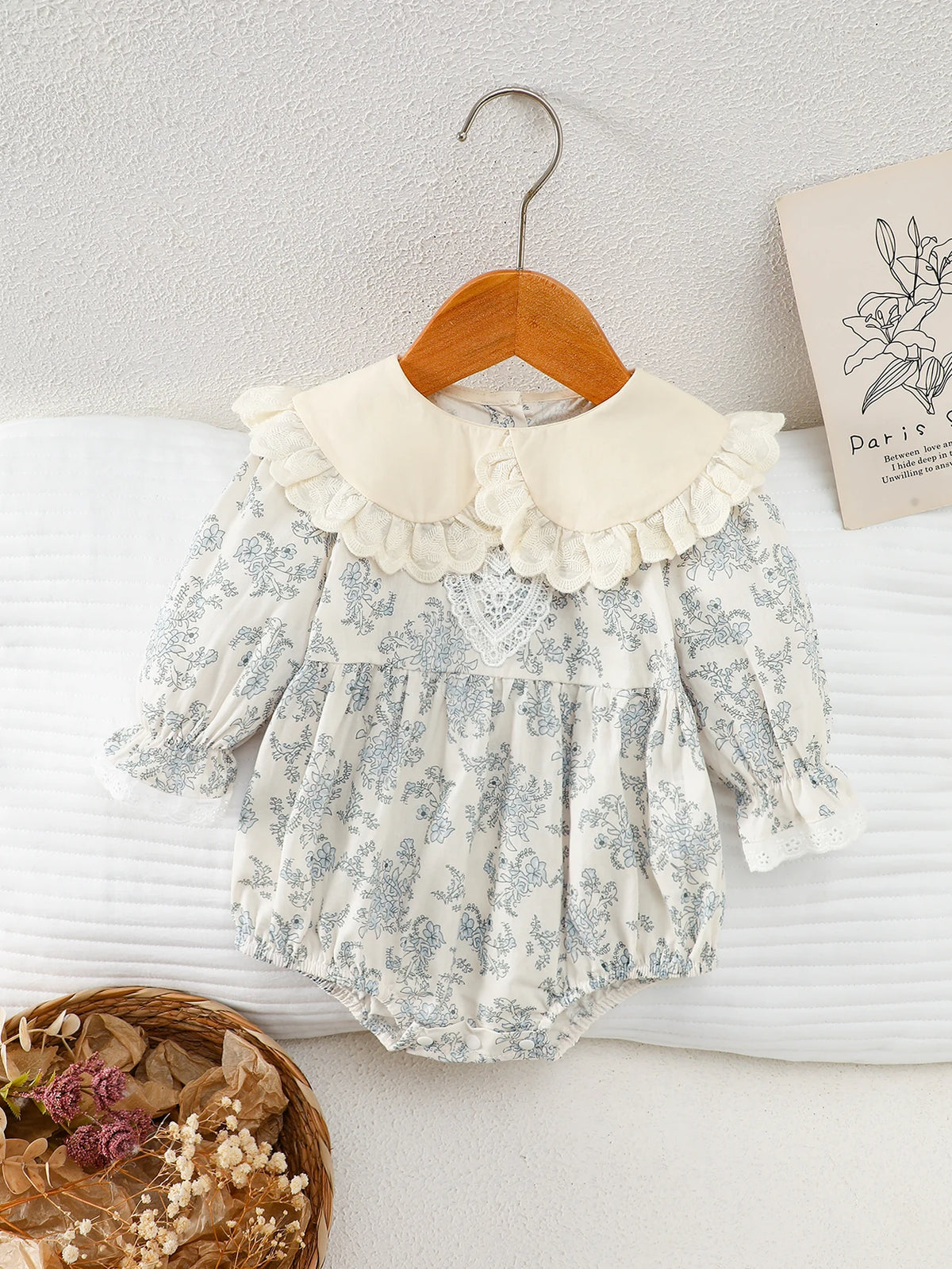 Baby Blue Floral Long-Sleeve Romper, Spring and Autumn Lace Collar Baby Jumpsuit, Fresh Forest Style Newborn Onesie