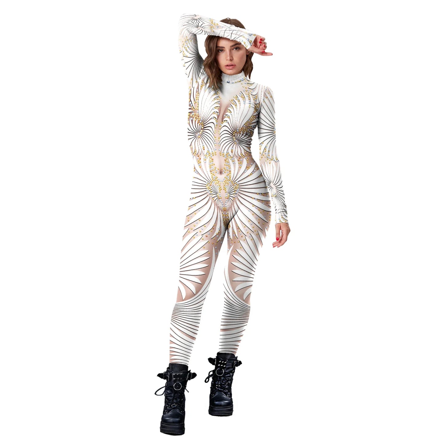 Halloween Cosplay Costume Shiny Sexy Lace Sequins Pattern 3D Printed Slim Bodysuit Theme Party Role Playing Jumpsuit for Women