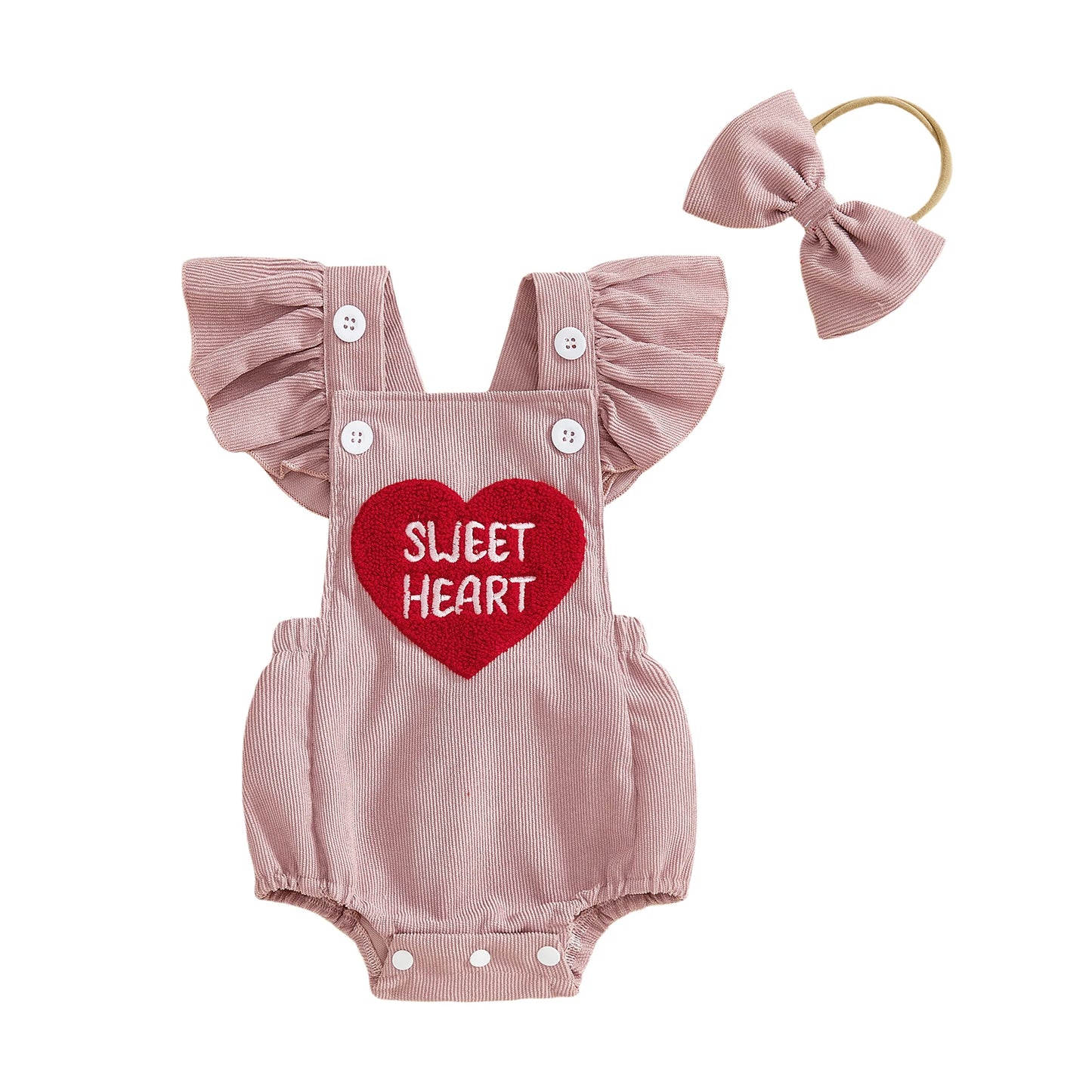 Baby Girl Valentines Outfit Letter Love Heart Embroidered Ruffled Trim Flying Sleeve Romper and Bow Headband 2 Pcs Set