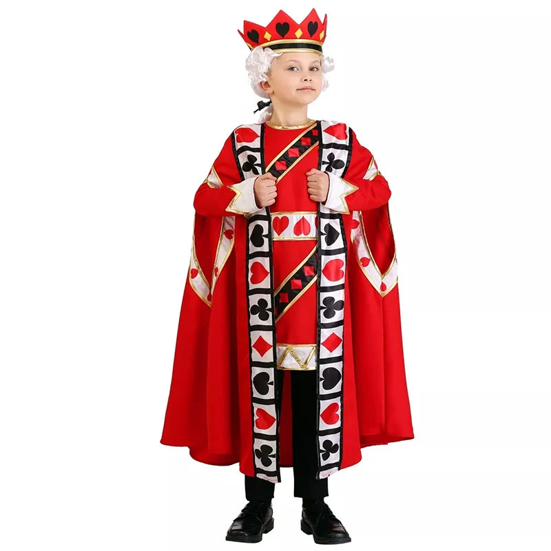 Kids King of Hearts Costume, Red Poker King Cosplay Outfit for Boys Halloween Carnival Party with Crown