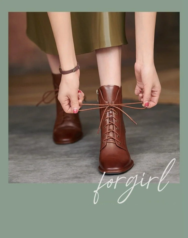 New Autumn/Winter Women Boots Cow Leather Fashion Women Shoes Square Toe High Heel Shoes for Women Lace Up Modern Short Boots