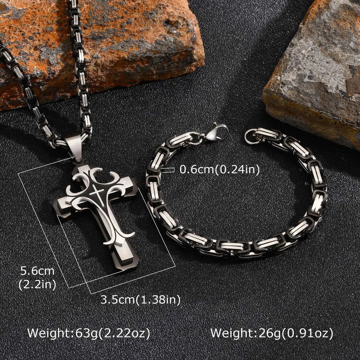 Mens Cross Pendant Necklace Sets,Two Tone Stainless Steel Byzantine Bracelets,Punk Jewelry Sets Gift to Husband Father Dad BBF