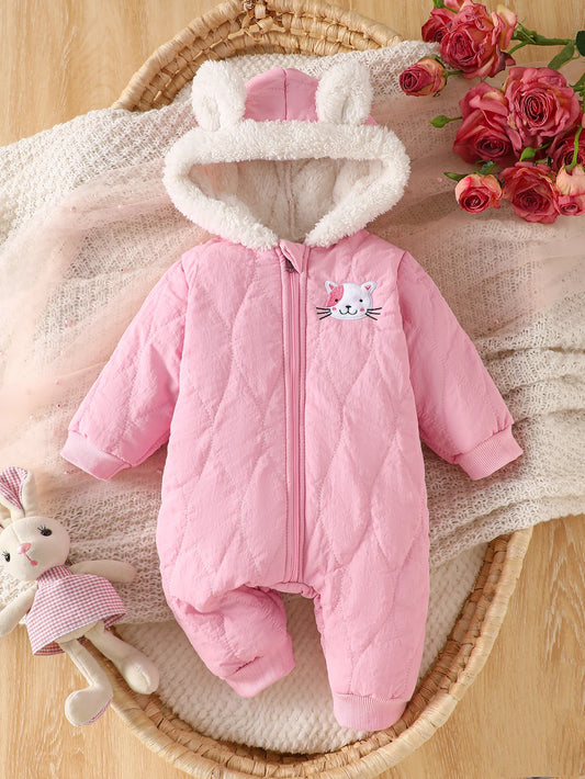 IURNXB Baby Winter Hooded Romper Cute Cat Fleece Jumpsuit Infant Warm Thick Onepiece Outfit for Newborn Girls Outdoor Wear 1-18M