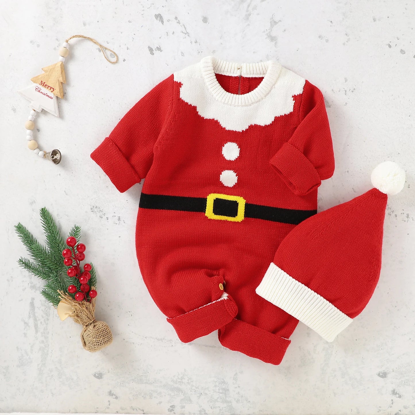 Infant Christmas Outfits Baby Romper Clothes Winter Red Santa Claus Knitted Newborn Infant Boy Girl Christmas Gift Jumpsuits+Hat