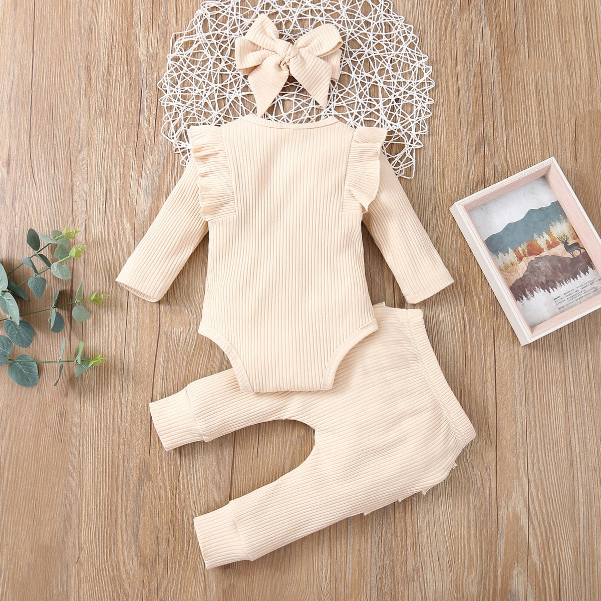 3Pcs Baby Girl Outfit Set Newborn Toddler Kids Clothing Set Baby Girls Lace Ruffles Cotton Bodysuit +Pants+Headband Clothing