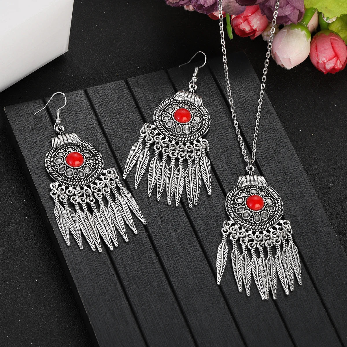 2023 Indian Jewelry Set Ethnic Silver Plated Geometric Carved Tassel Earring Necklace Women's Blue Turquoises Chain Jewelry