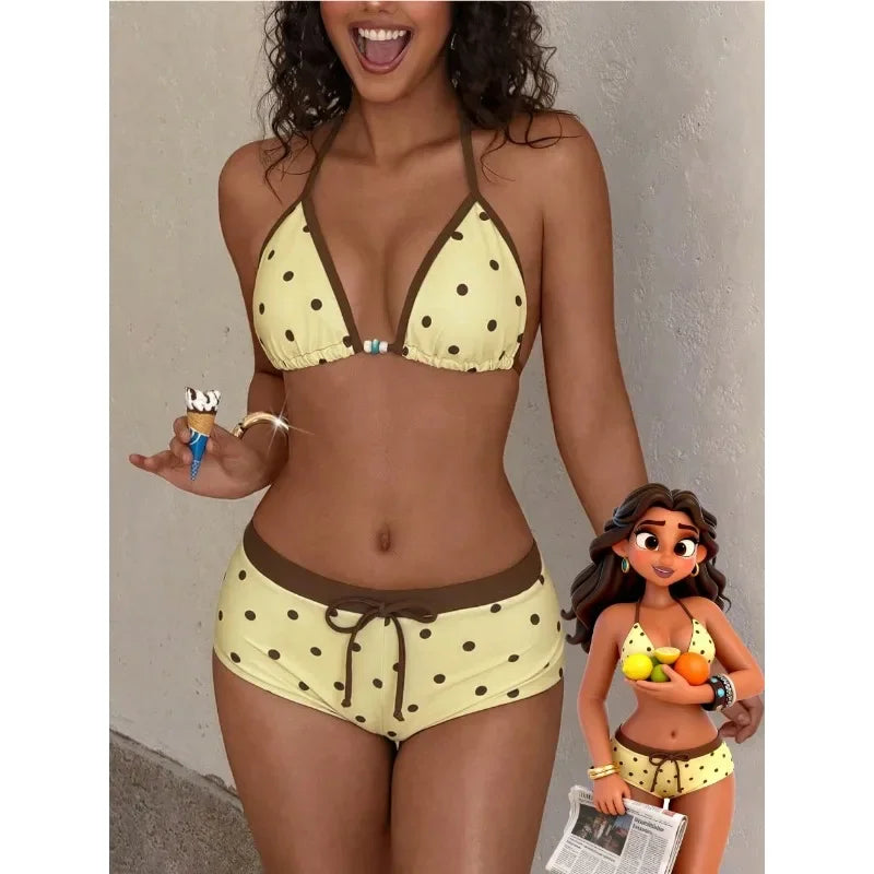 2026 New Beach Bathing Suit Women Polka Dot Halter Lace Up Swimsuits Bowknot Bikinis Swimsuits Print Beachwear Summer Swimwear