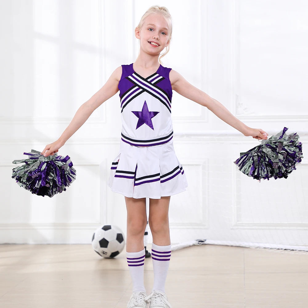 LOlanta 4Pcs Girls' Cheerleading Costumes with Socks Kids School Performance Cheerleader Outfit Halloween Fancy Dress Up 4-14Y