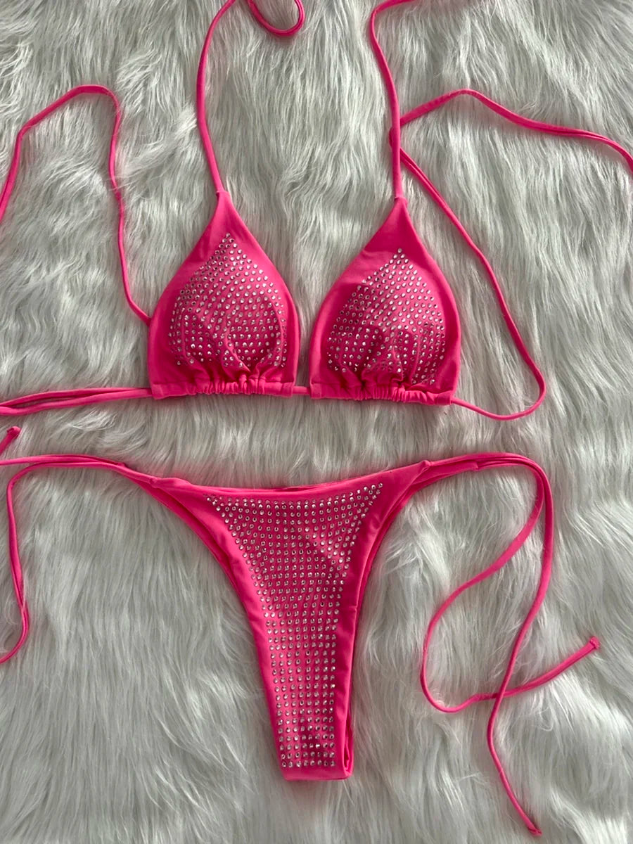 Shiny Sequin Diamond Bikini Women Swimwear Female Swimsuit Two-pieces Bikini Set Wrap Around Halter Bathing Suit Swim Beach Wear