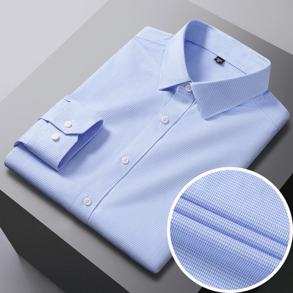 Men's Houndstooth Non-Iron Long Sleeve Button-Up Cotton Shirt, No Pocket Skin-Friendly Casual Versatile for Various Occasions