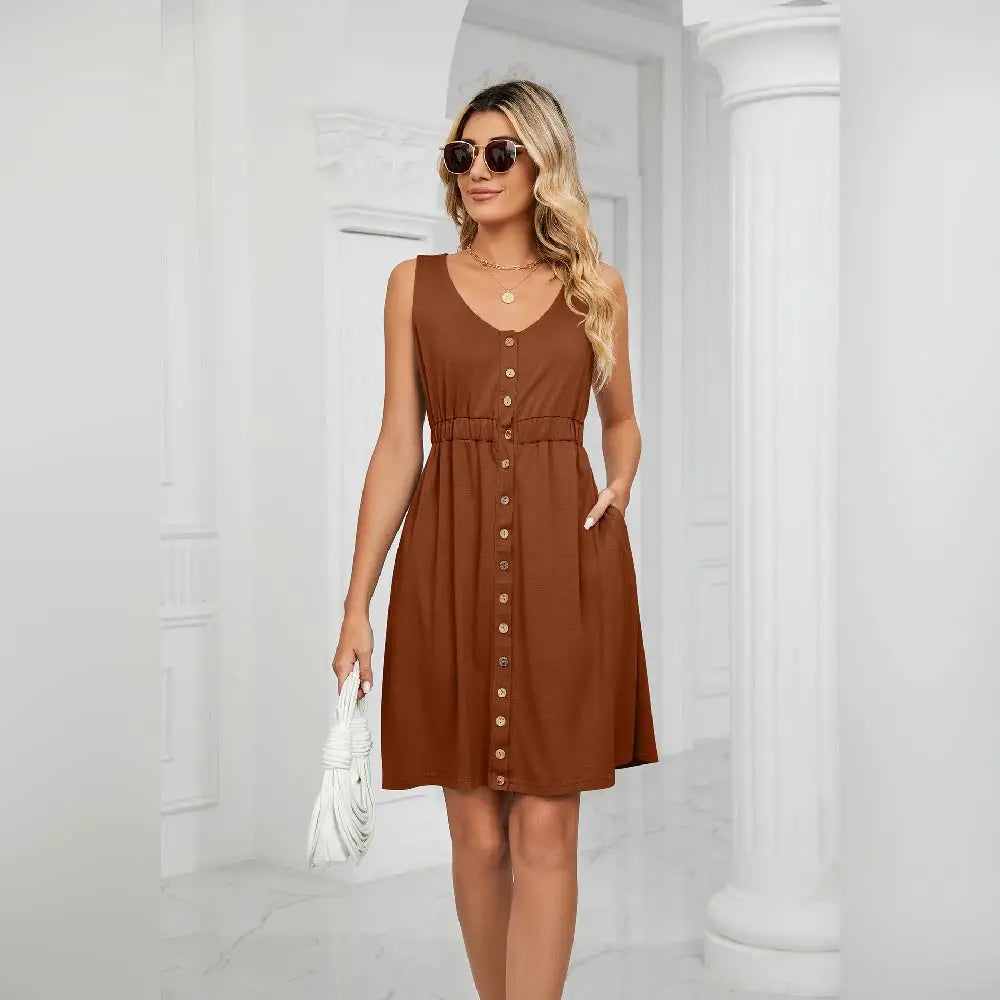 FZCSPEED Women's Sleeveless Midi Dress with Pockets Solid Round Neck Button-embellished Dress Casual Sleeveless Vest Dress