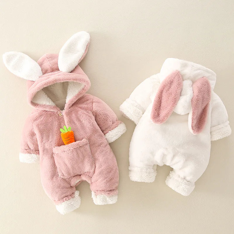 ZOETOPKID Baby Rompers Winter Warm Coral Fleece Newborn Boys Girls Clothes Cartoon Rabbit Coats Infant Jumpsuit Animal Overalls
