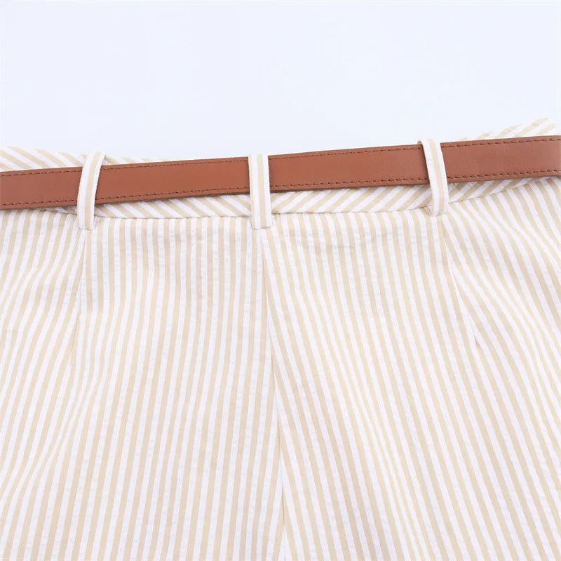 Women Casual Striped Skirts With Belted 2026 Summer Female High Waist A-Line Skirts Elegant Streetwear Lady Chic Shorts Skirts