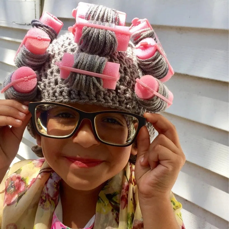 Soft Crochet Toddler Curler Hat Old Lady Costume Wig Baby Kids Dress Up Funny Granny Costume Photo Prop Halloween School Play