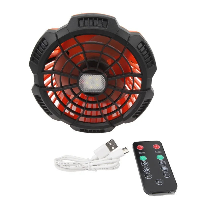 Outdoor Tent Fan Remote Control Hangable Fan With LED Light Battery Operated USB Rechargeable Fan For Hiking BBQ Travel Fishing
