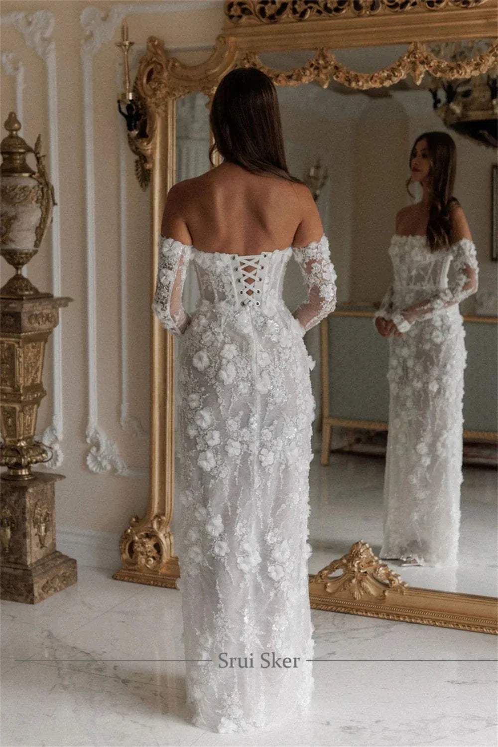 Tokyo Customized White Off the Shoulder Wedding Dress Long Sleeve Side High Split Lace-Up Bridal Gown Floor-Length Wedding Gown