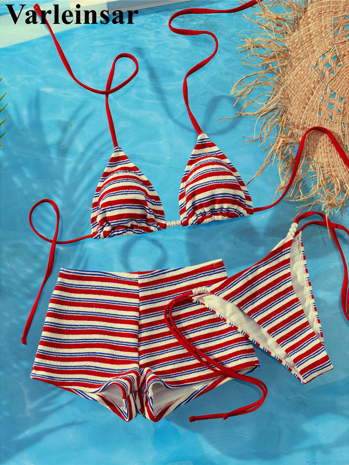 S - XL With Shorts Striped Halter Bikini Women Swimwear Female Swimsuit Three-Pieces Bikini Set Bather Bathing Suit Swim V8130