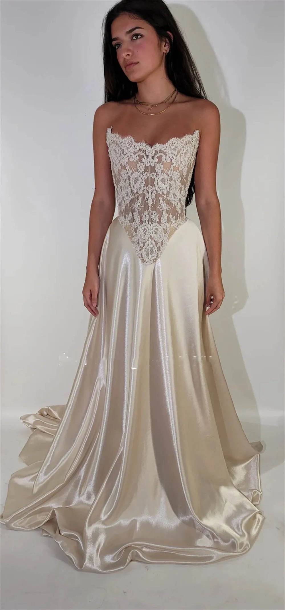 Modern Off Shoulder Beaded Lace Corset Wedding Dress with Satin Skirt and Train, Basque Waist Bridal Gown,