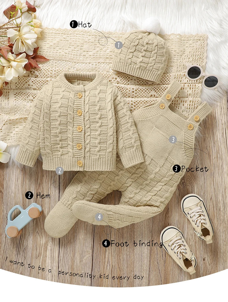 Newborn Baby Clothes Set Knitted Toddler Sweater +Jumpsuit Hat Sleeveless 3pcs Attire Infant Boys Girls Cardigan+Romper Cap 0-9M