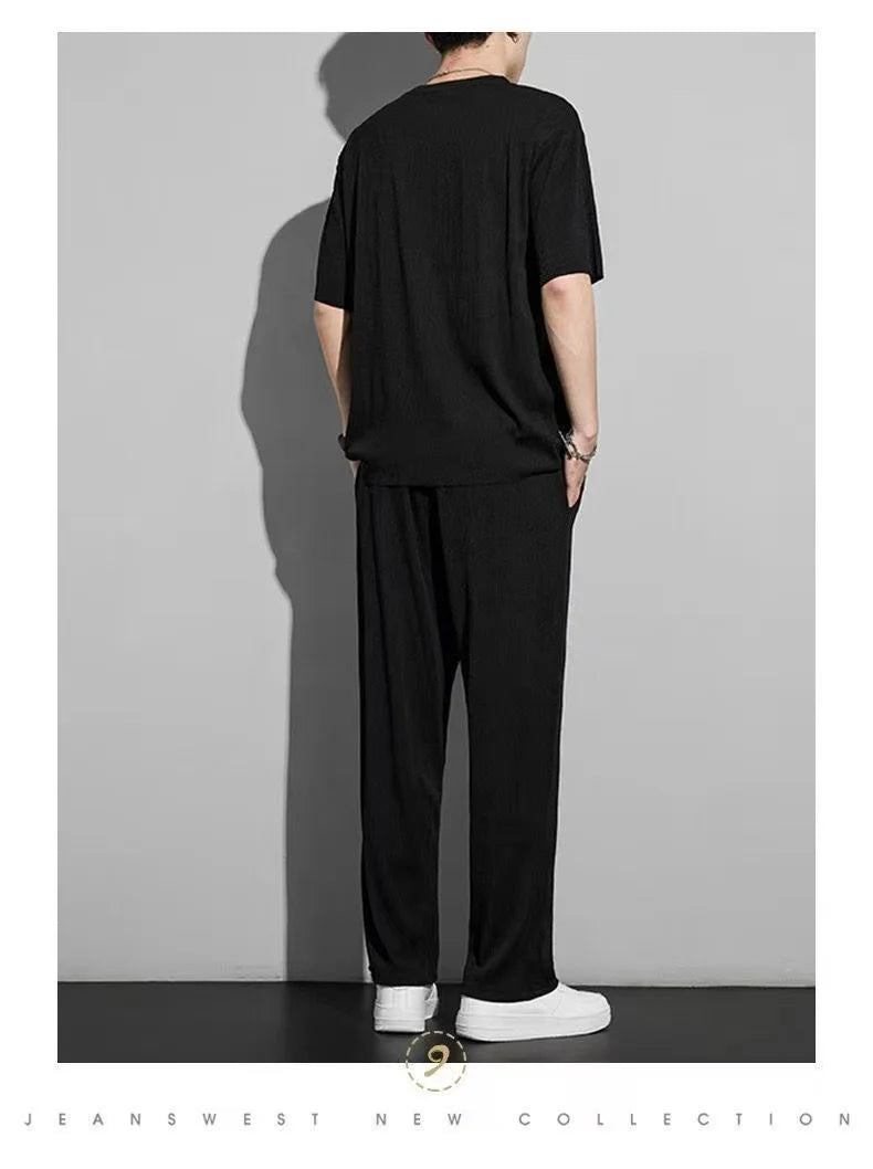 Men's Wrinkled Ice Silk Sports Set 2024 Summer New Short sleeved Long Pants Two piece Set Fashionable, Breathable, and Cool 3