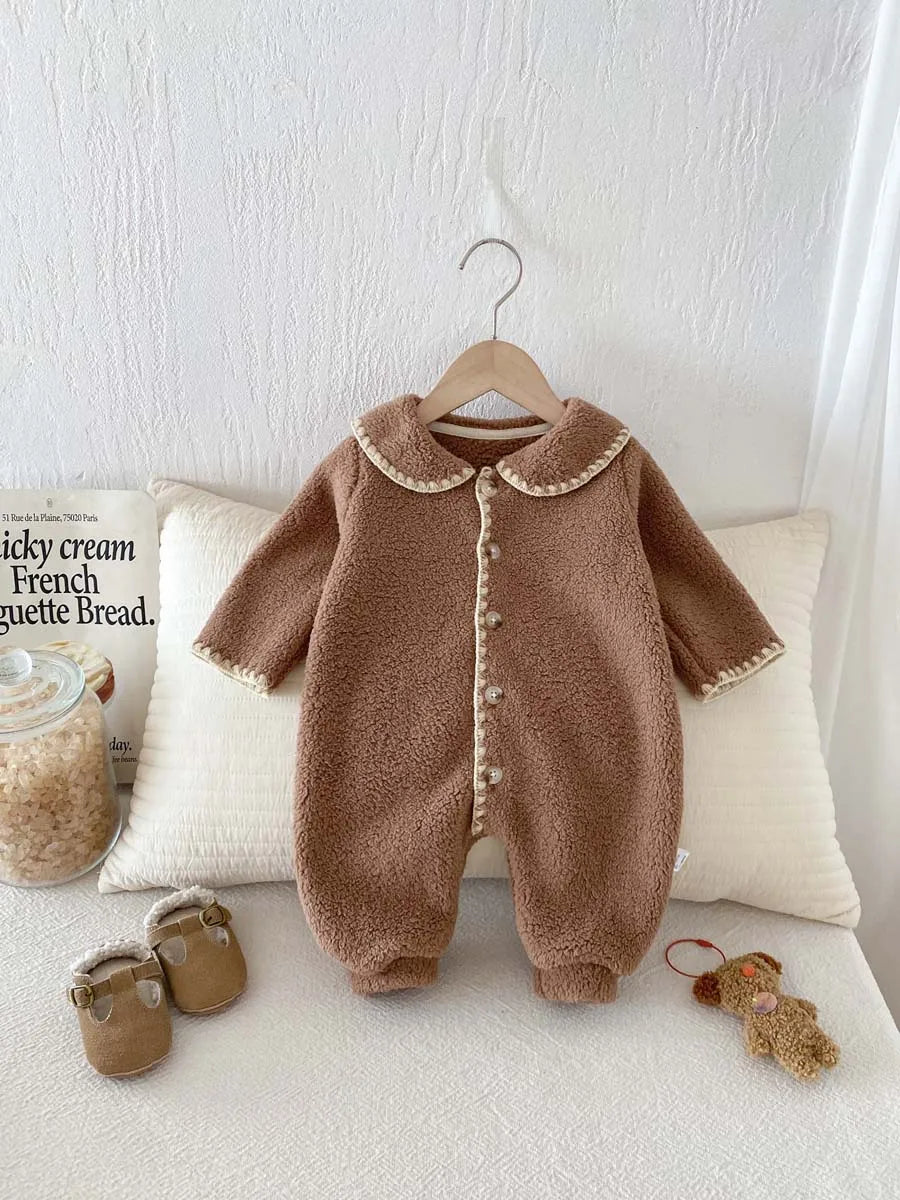 Baby's winter lapel fleece-lined long-sleeved jumpsuit, male and female baby plush long-sleeved jumpsuit, very suitable for goin