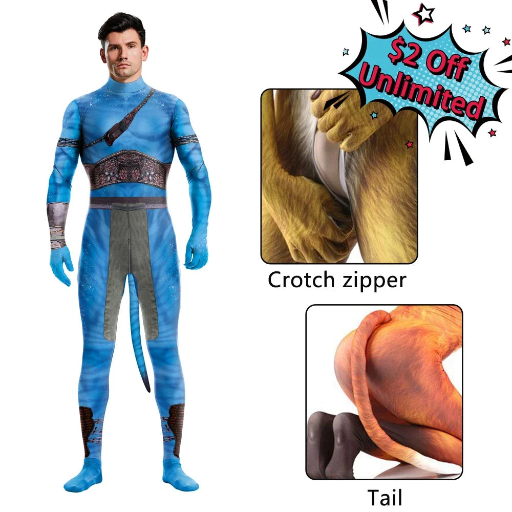 Halloween Cosplay Costume Male Adult Full Cover Elastic Zentai Pet Suit Jumpsuit Print Catsuit Bodysuits with Tail Purim Clothes