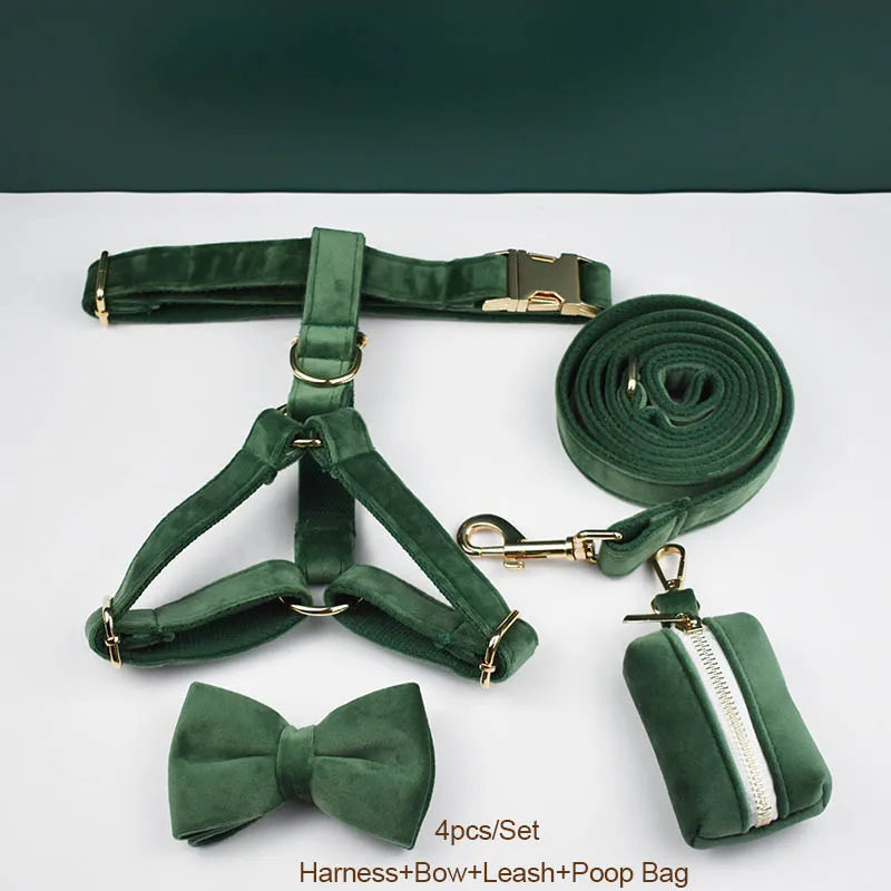 Forest Green Velvet Dog Collar And Leash Set For Dogs Custom Engraved Nameplate Pet Supplies Dog Leash Velvet 39