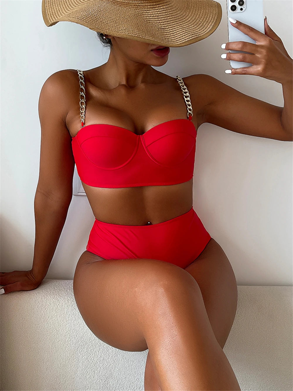 Chain Strap Bikinis 2026 Women Solid Push Up Swimsuit High Waist Swimwear Female Sexy Bathing Suit Swimming Summer Beachwear