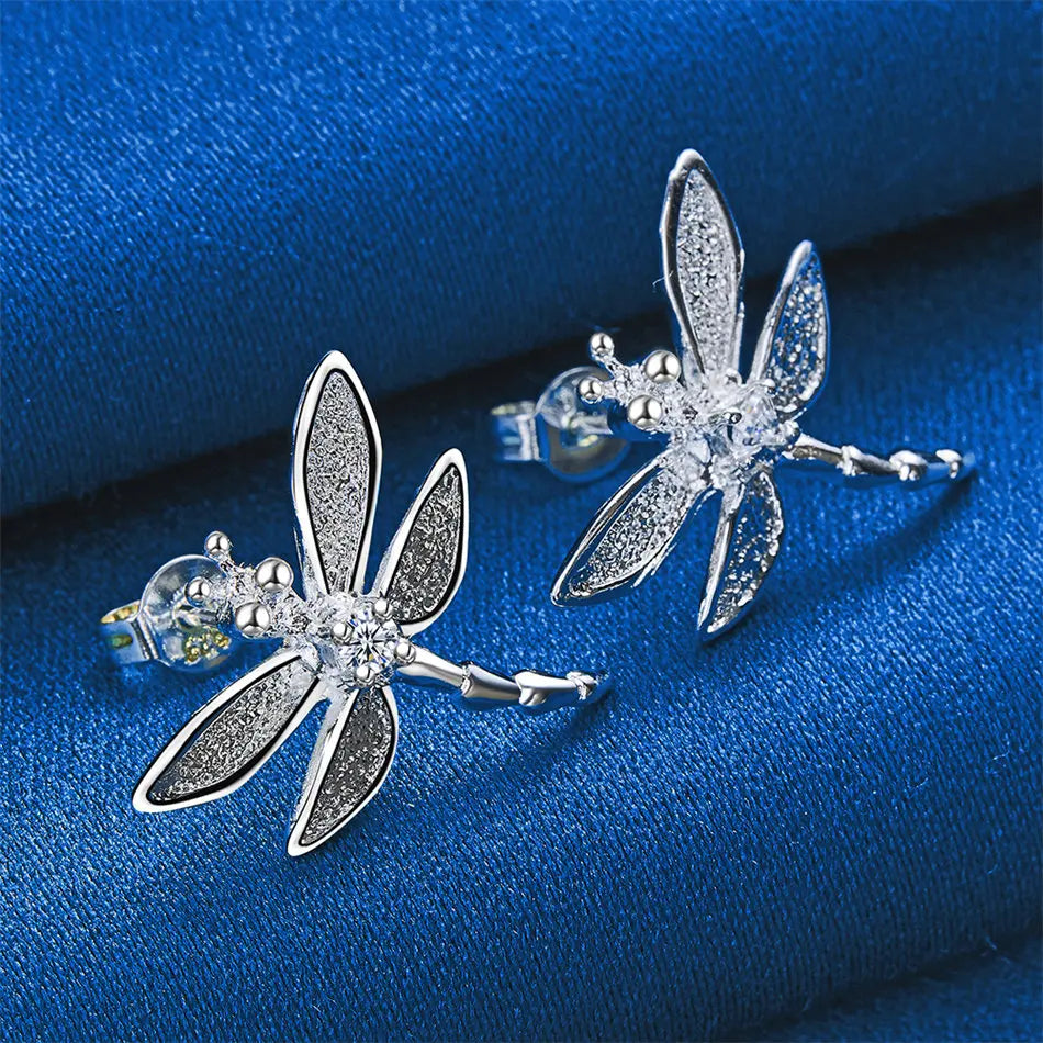 925 Sterling Silver Exquisite Dragonfly Zircon Stud Earrings for Women Fashion Wedding Gift Party Accessories Jewelry